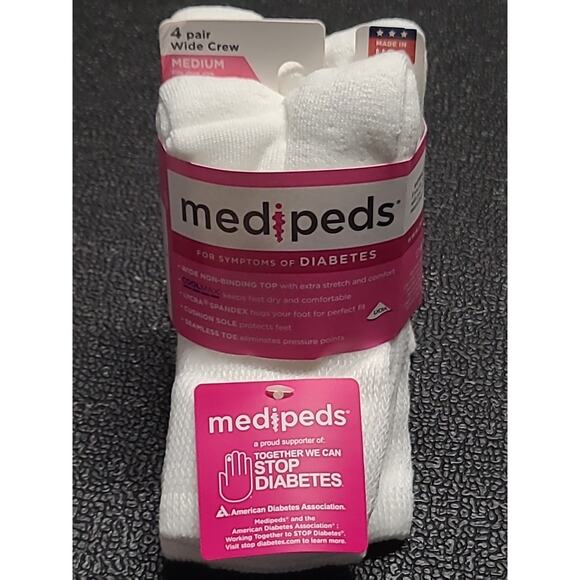 MediPeds Socks Medium 4 Pk 7-10 White Crew Diabetic Cushioned Coolmax New USA - Picture 1 of 6